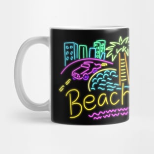 Beach neon house palm trees multi color pink Cadillac sand sun Mug